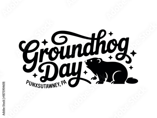 A black and white logo for Groundhog Day featuring a silhouette of a groundhog and text reading Punxsutawney, PA.