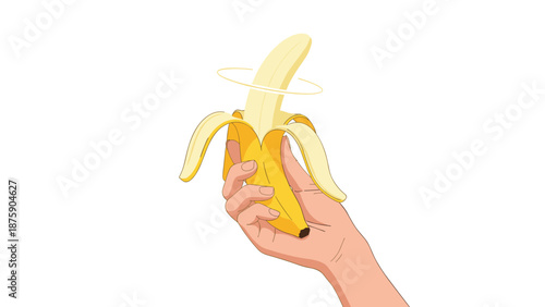 Human hand holding a half-peeled yellow banana with a circular halo representing energy or freshness on white.