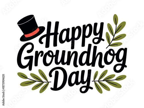 A colorful illustration celebrating Groundhog Day with a top hat and leaves