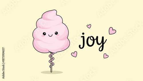 Cute pink cotton candy character with a smiley face and heart symbols next to the word joy on a yellow background.
