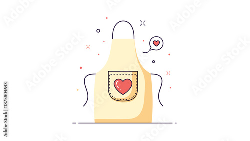 Beige kitchen apron with a large red heart on the front pocket surrounded by small decorative sparkles and icons.