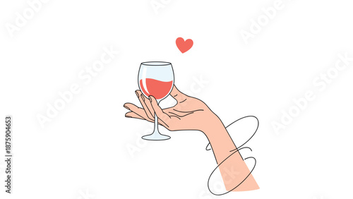 Human hand holding a glass of red wine with a small red heart floating above it against a plain white background.
