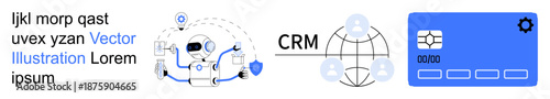 CRM systems, automation software, business solutions, digital tools, data management, customer interaction. Global network, gear icon and connected interface. CRM systems and automation software