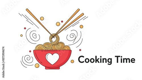 Hand-drawn illustration of a delicious noodle bowl with chopsticks and the phrase cooking time on a white background.