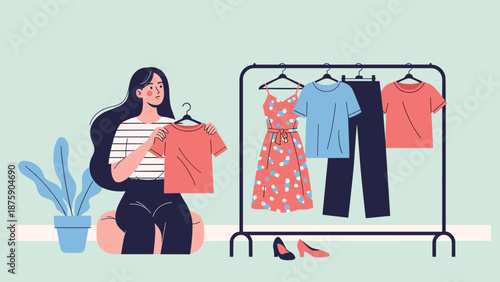 Fashionable woman carefully selecting stylish outfits from a clothing rack while sitting comfortably in her bedroom.