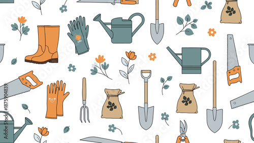 Comprehensive pattern of gardening essentials including boots, gloves, shovels, and watering cans with floral accents.