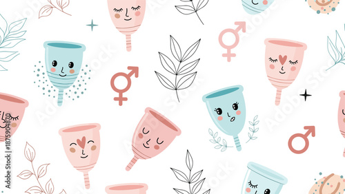 Modern pattern of illustrated menstrual cups with cute faces and botanical elements promoting eco-friendly period care.