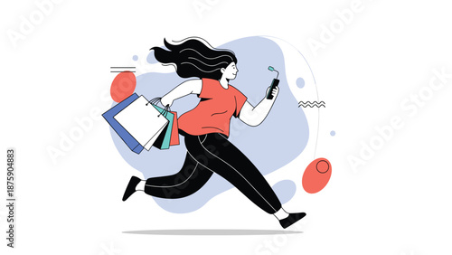 Energetic woman running with several shopping bags while checking her smartphone for the latest online sales and deals.