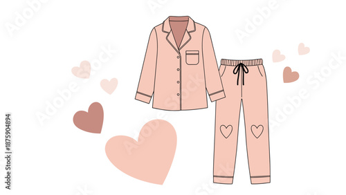 Set of cozy pink pajamas with a long-sleeved shirt and pants decorated with hearts for a comfortable sleep theme.