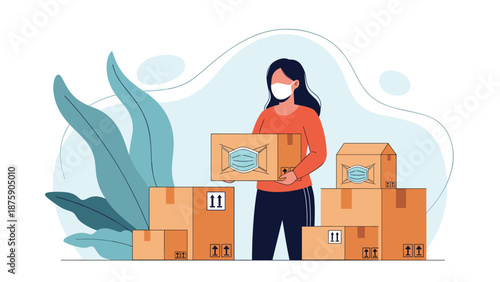 Female courier wearing a protective medical face mask stands with cardboard shipping boxes for safe delivery service during pandemic.