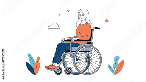 Young woman sitting in a wheelchair is looking forward with a calm expression in a stylized outdoor setting with colorful leaves.