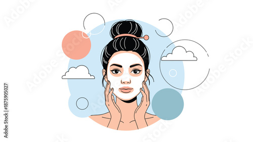 Beautiful young woman with a white cosmetic face mask applied to her skin is enjoying a beauty treatment routine for skincare.