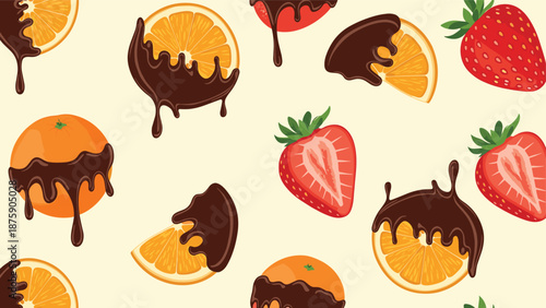 Seamless pattern features fresh oranges and strawberries partially covered with dripping melted dark chocolate on a light background.