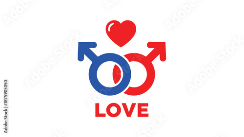 Two interconnected blue and red male gender symbols are positioned below a bright red heart with the word love written underneath.