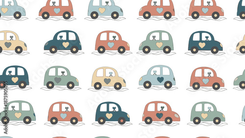 Colorful seamless pattern shows cute small cars in various pastel colors with heart shapes on their doors driving on a white background.
