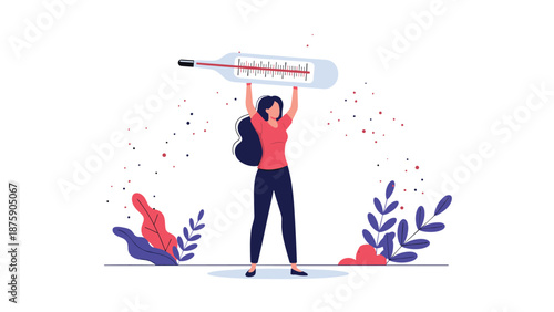 Young woman is standing and lifting a giant medical thermometer over her head as a symbol of health awareness or fever monitoring.