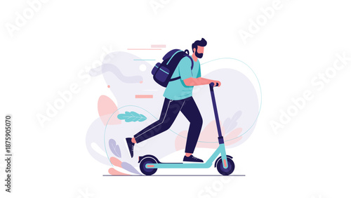 Modern man with a backpack is riding an electric scooter through a stylized city environment with dynamic shapes and colors.