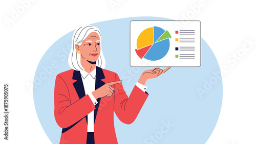 Professional senior woman in a red jacket is pointing at a digital screen showing a colorful business pie chart with data.