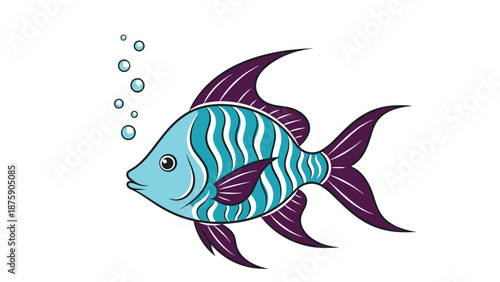 Colorful tropical fish with blue scales and dark purple fins is swimming and blowing bubbles on a clean white background.
