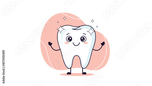 Happy and clean white tooth character with a smiling face and sparkling stars is standing against a soft pink background.