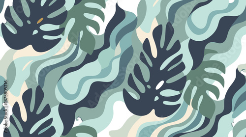 Vector of tropical monstera leaves pattern in various shades of green and blue on a white background