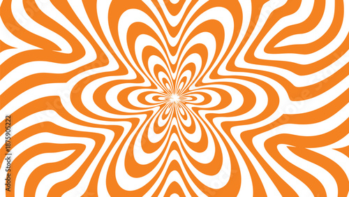 Vibrant orange and white optical illusion background with swirling patterns and geometric shapes