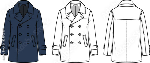 Men's pea coat technical flat sketch vector illustration, double breasted winter jacket, front and back views, navy blue overcoat, fashion design clothing template, CAD mockup.