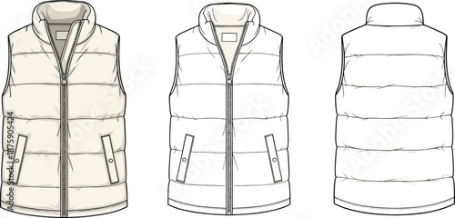 Men's puffer vest technical flat sketch vector illustration, sleeveless quilted jacket, front and back views, stand collar, beige winter waistcoat, fashion design template.