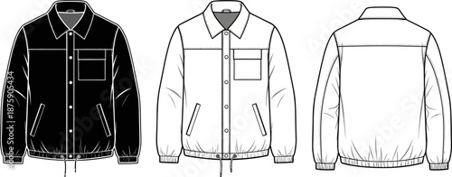 Men's coach jacket technical flat sketch vector illustration, black and white views, snap button front, chest pocket, drawstring hem, casual outerwear fashion template.