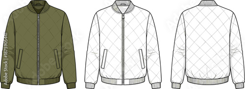 Men's quilted bomber jacket technical flat sketch vector illustration, olive green outerwear, front and back views, zip-up casual coat, diamond stitch pattern, fashion template.