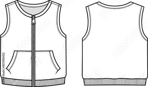 Men's zip-up vest technical flat sketch vector illustration, sleeveless jacket, front and back views, ribbed hem detail, split kangaroo pockets, fashion design template.