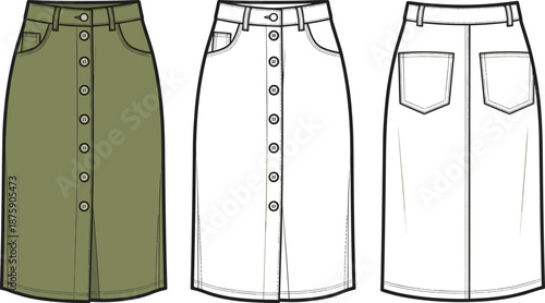 Midi skirt technical fashion illustration, front and back view, button down design, vector flat sketch, olive green color, pockets detail, apparel design template.