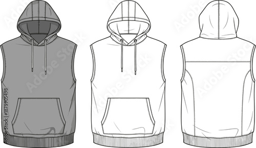 Sleeveless hoodie technical fashion illustration, front and back view, kangaroo pocket, vector flat sketch, grey color, sportswear apparel design template, hooded vest mockup.
