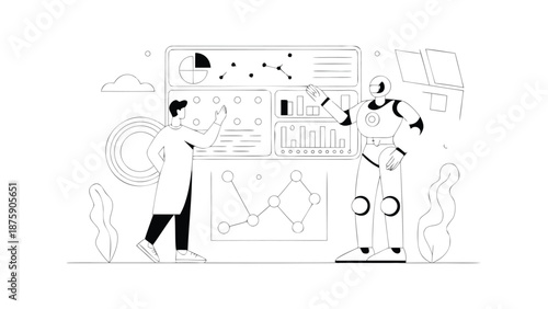Businessman and robot analyzing data on futuristic dashboard screen