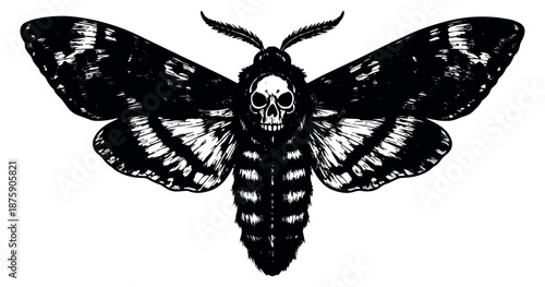 Hand drawn line art illustration of a death's-head hawkmoth depicting an ominous skull pattern for Halloween or horror designs