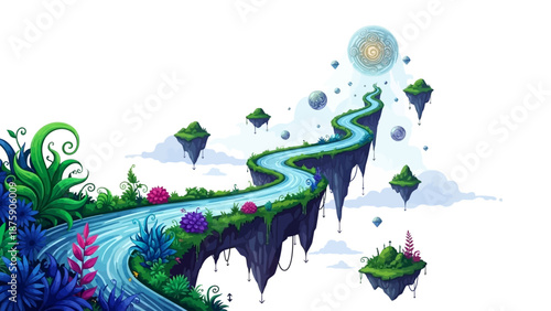 A surreal, winding river flows across floating islands in a vibrant, alien landscape under a glowing celestial body.