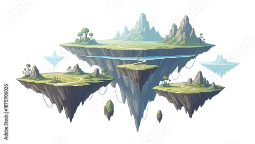 A breathtaking fantasy landscape featuring multiple floating islands with lush green terrain, mountains, and waterfalls, set against a clear sky.