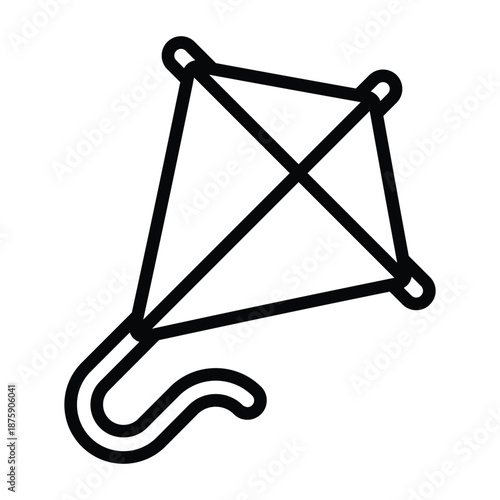 Outline illustration of a flying kite with tail using clean black strokes. Minimal playful style ideal for childhood themes, outdoor activities, and educational graphics.
