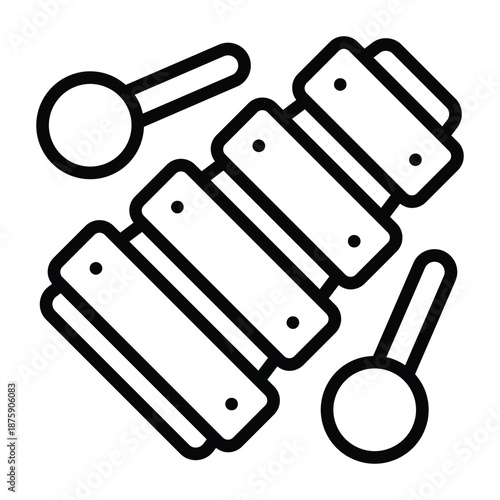Outline illustration of a xylophone musical toy with mallets. Clean black line style without fill, ideal for music education, kids learning visuals, and playful educational layouts.