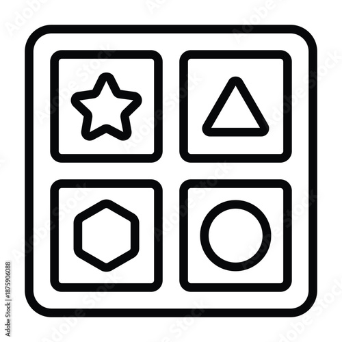 Outline illustration of a shape sorting toy with geometric holes. Thin black strokes create a simple educational visual for early learning, preschool content, and children activity designs.