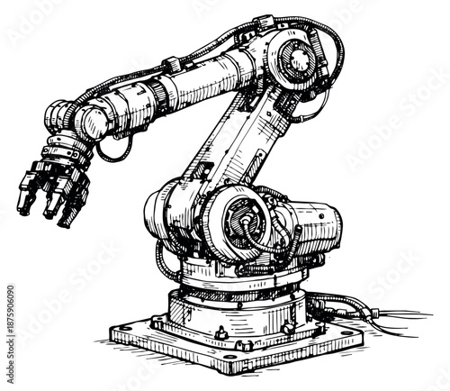 Hand drawn line art illustration of an industrial robotic arm depicting modern automation technology for manufacturing and engineering concepts