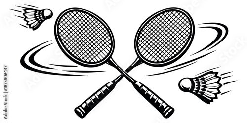 Line art badminton equipment set featuring two crossed rackets and flying shuttlecocks for sporting activities