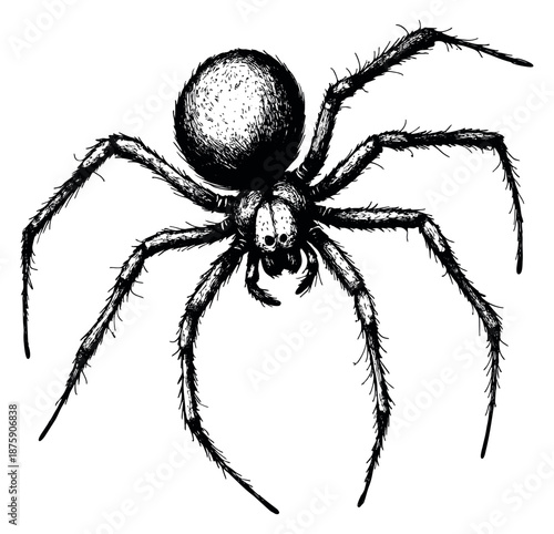 Hand drawn line art illustration of a spider depicting a creepy arachnid for halloween designs