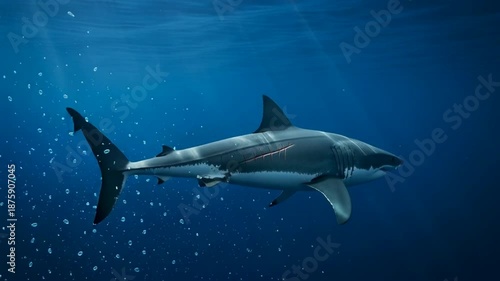 Wallpaper Mural Majestic Great White Shark Gliding Through Deep Blue Ocean Waters with Sun Rays. Torontodigital.ca