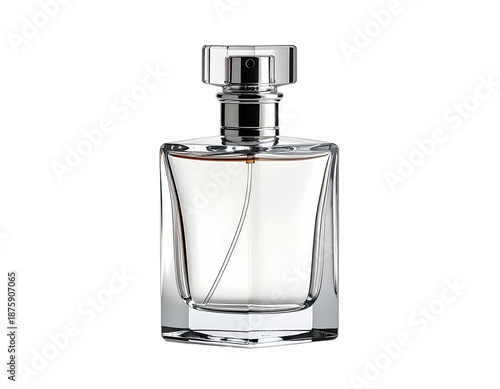 Clear glass perfume bottle with a silver top, positioned on a solid black background
