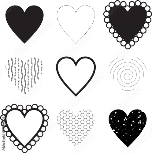 Set of black vector hearts in various shapes and patterns for Valentine's Day romance decoration and holiday card design illustration