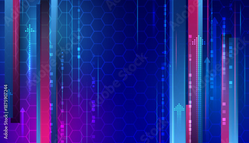 Futuristic digital background with glowing arrows, neon lines and hexagon pattern in blue and purple tones, symbolizing technology, innovation, progress and data growth.