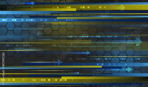 Dynamic futuristic background with glowing arrows, fast light streaks and hexagon pattern in blue and yellow tones, symbolizing speed, technology, progress and digital innovation.