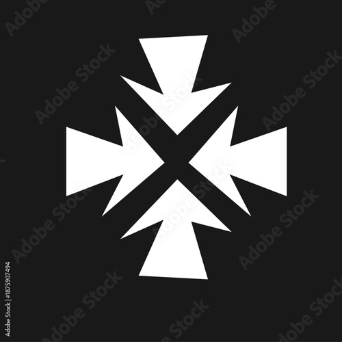 Abstract graphic symbol of four white arrows pointing inward and converging at a central point on a black background, representing focus, minimize, or collapse.