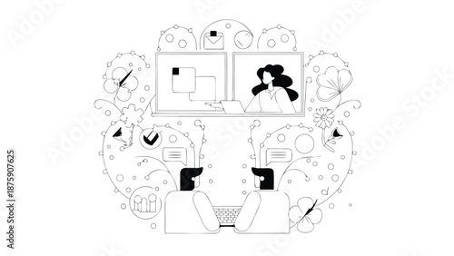 Remote team collaboration with laptops and video call on large screen display